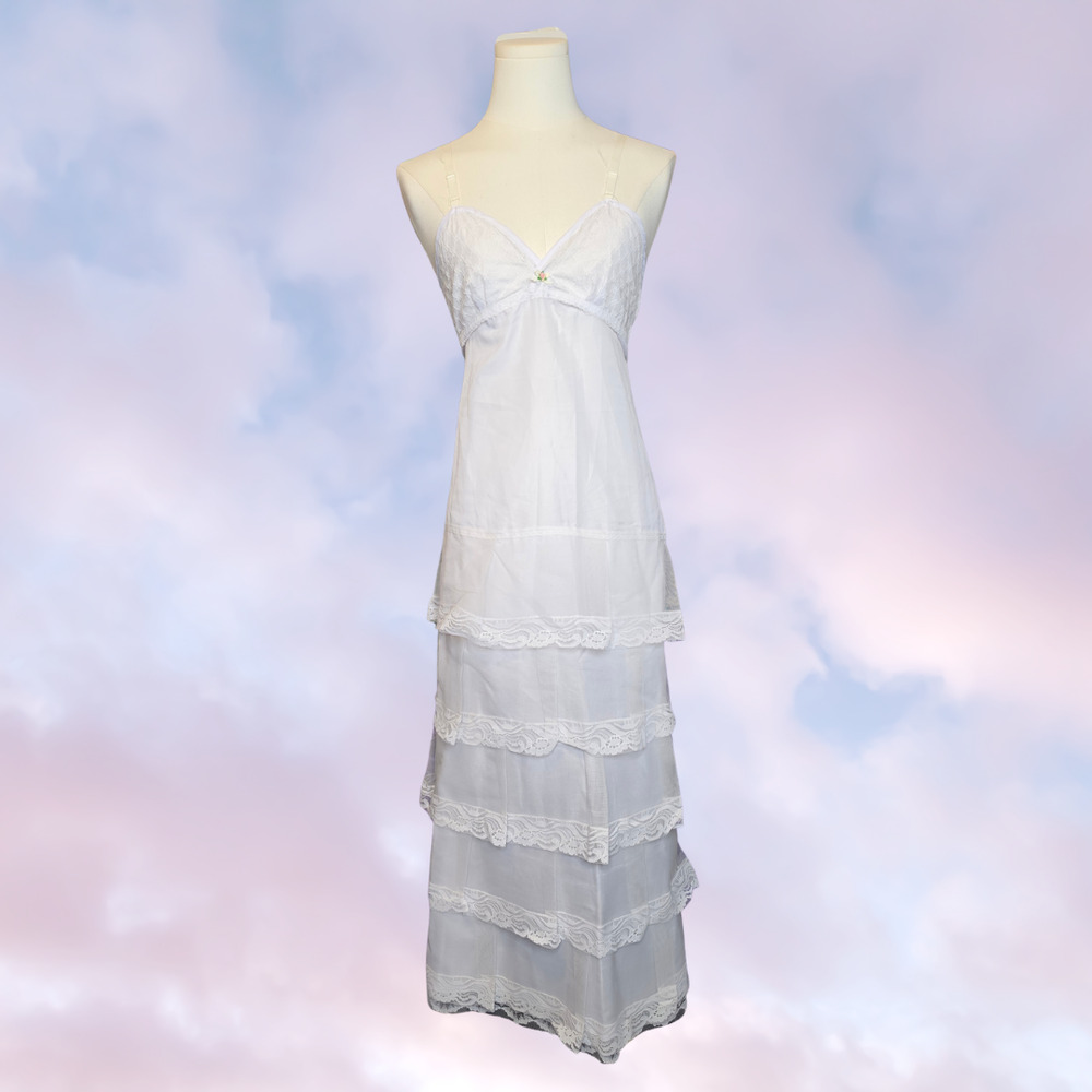 Vtg Long Maxi White Lace Layered Tier Whimsy Fairy Cottage Petticoat Dress Sz S